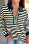 Striped Contrast Collar Quarter Zip Polo Long Sleeve Top